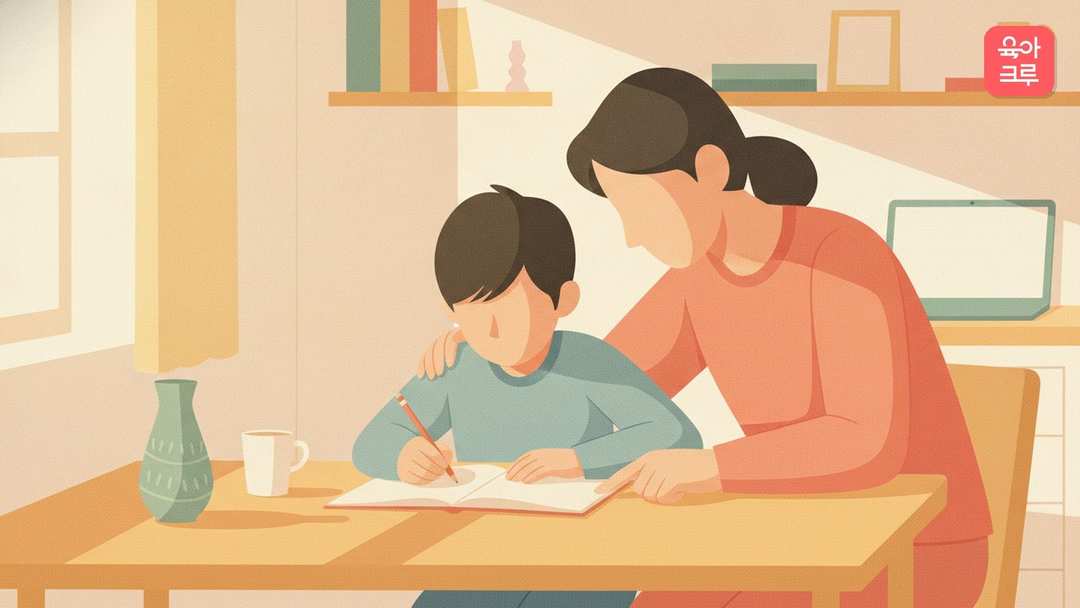 책상에 앉은 초등학생이 영어 공책에 연필로 문장을 쓰고, 옆에서 보호자가 함께 공책을 보는 그림