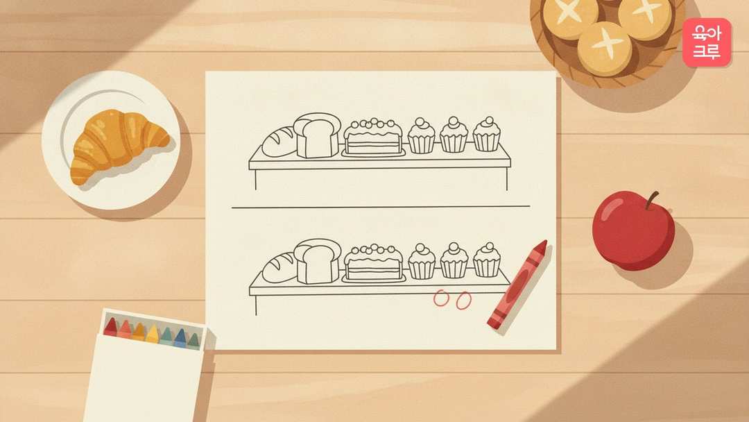 빵과 케이크, 컵케이크가 놓인 선반이 그려진 선 그림 두 장이 위아래로 놓이고 크루아상이 곁에 있는 음식 틀린그림찾기 도안
