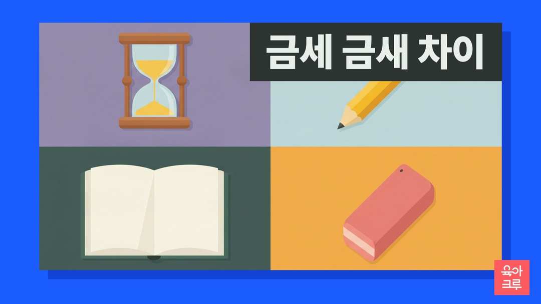 금세 금새 차이 일러스트, 모래시계와 연필, 공책과 지우개