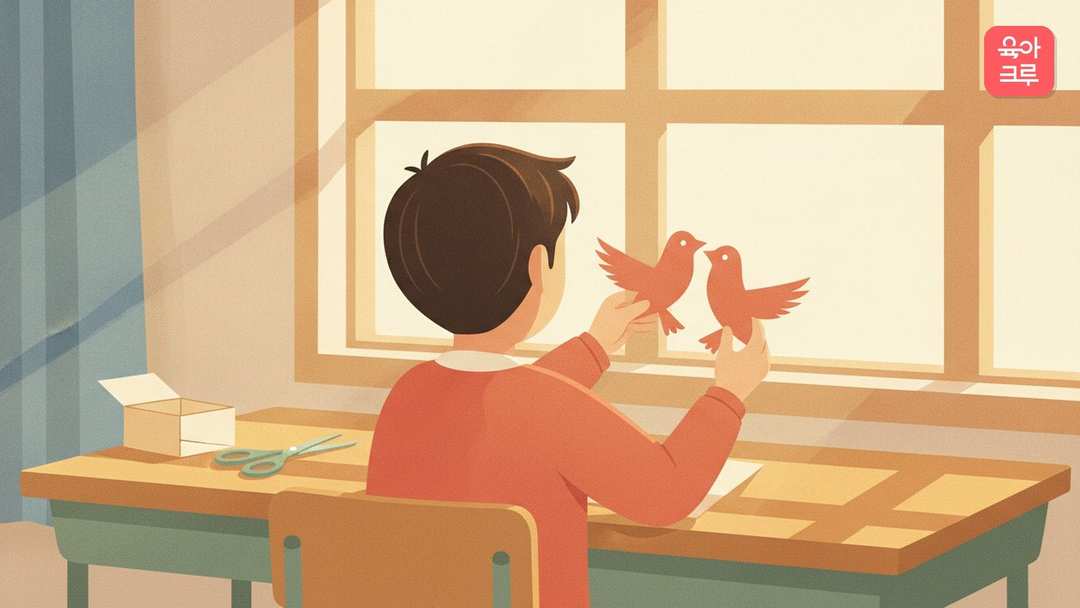 창가 책상에서 아이가 똑같은 새 모양으로 오린 색종이 두 장을 들어 비교하고, 책상에 작은 종이 상자와 가위가 놓인 초등학교 5학년 2학기 수학 공부 그림