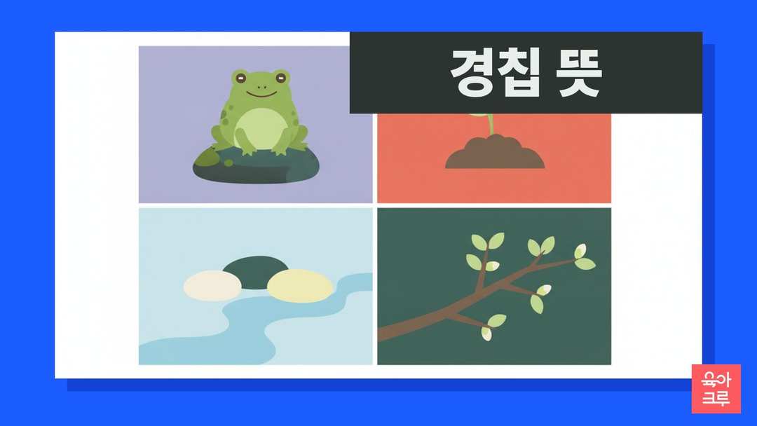 경칩 뜻 일러스트, 개구리 인형과 새싹, 작은 돌멩이