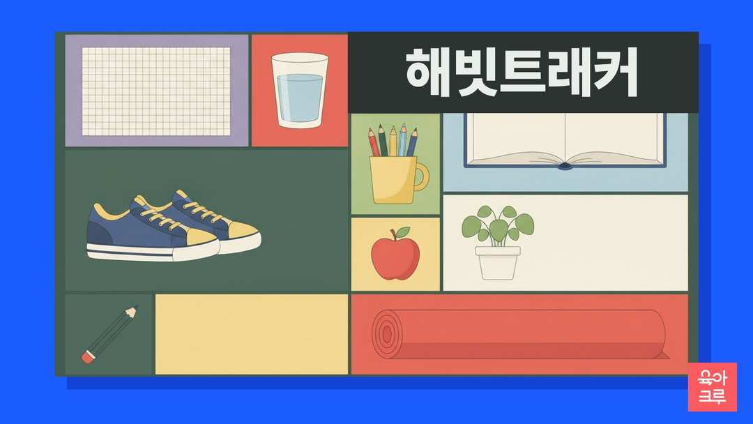 체크 칸이 그려진 빈 종이와 색연필, 물컵, 작은 화분, 운동화가 놓인 일러스트