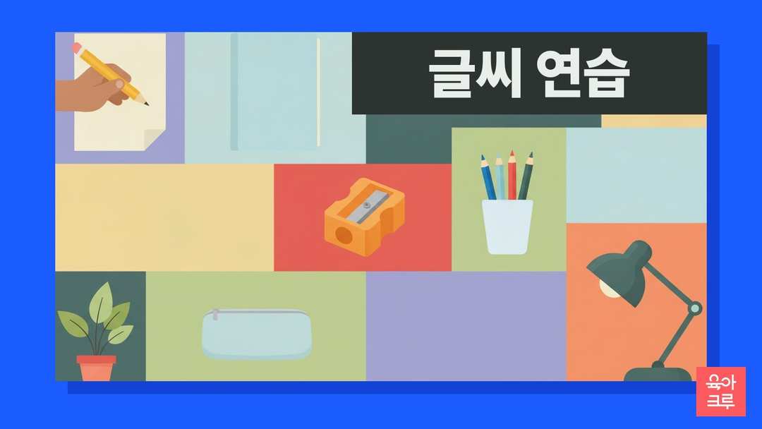 연필을 쥔 손과 칸 공책, 지우개가 놓인 책상 일러스트