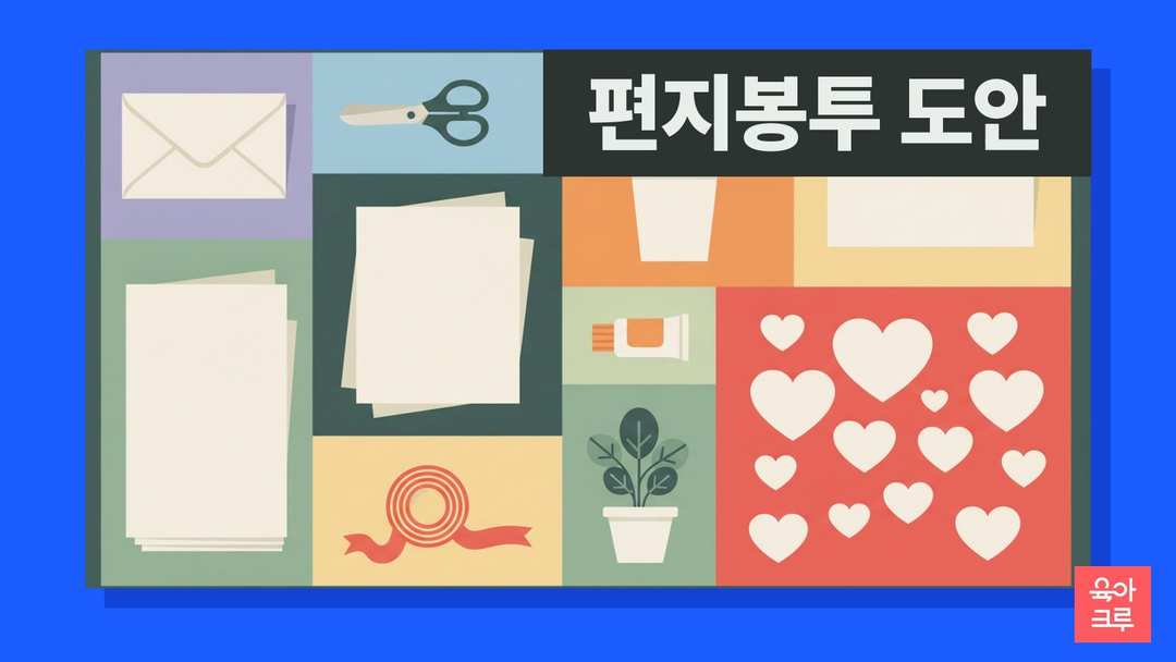 빈 편지지와 봉투 모양 종이, 색연필, 가위, 풀, 리본이 놓인 책상 일러스트
