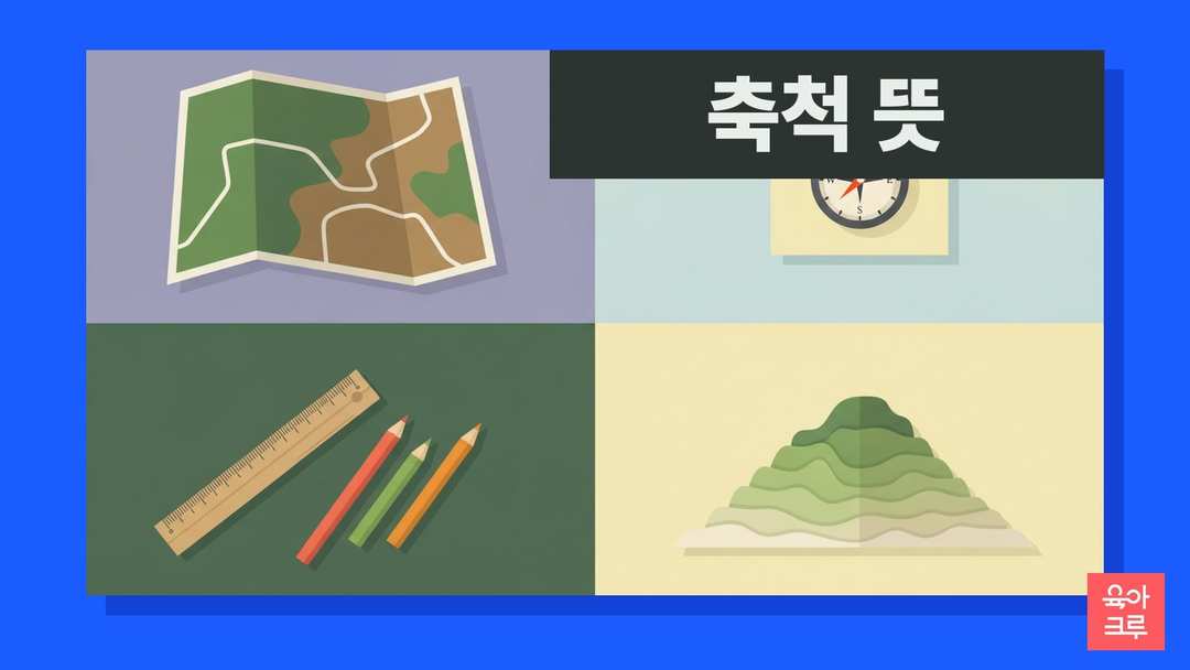 축척 뜻 일러스트, 접힌 지도와 나침반, 자와 색연필
