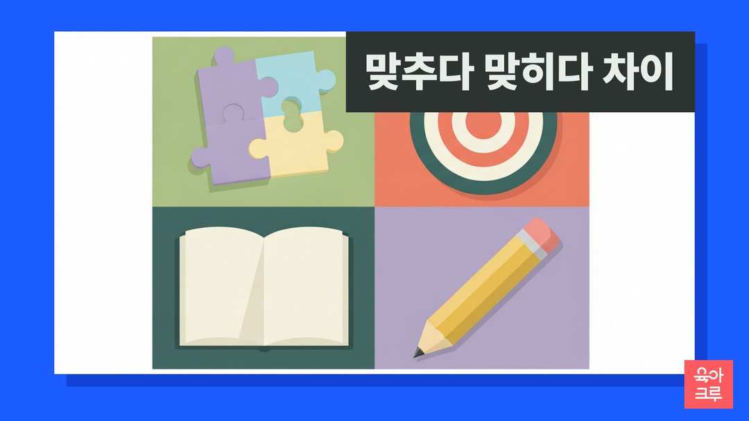 맞추다 맞히다 차이 일러스트, 퍼즐 조각과 과녁 장난감, 공책과 연필