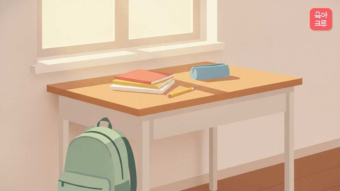 창가 책상 위에 공책과 필통이 놓이고 책상 아래 책가방이 있는 그림