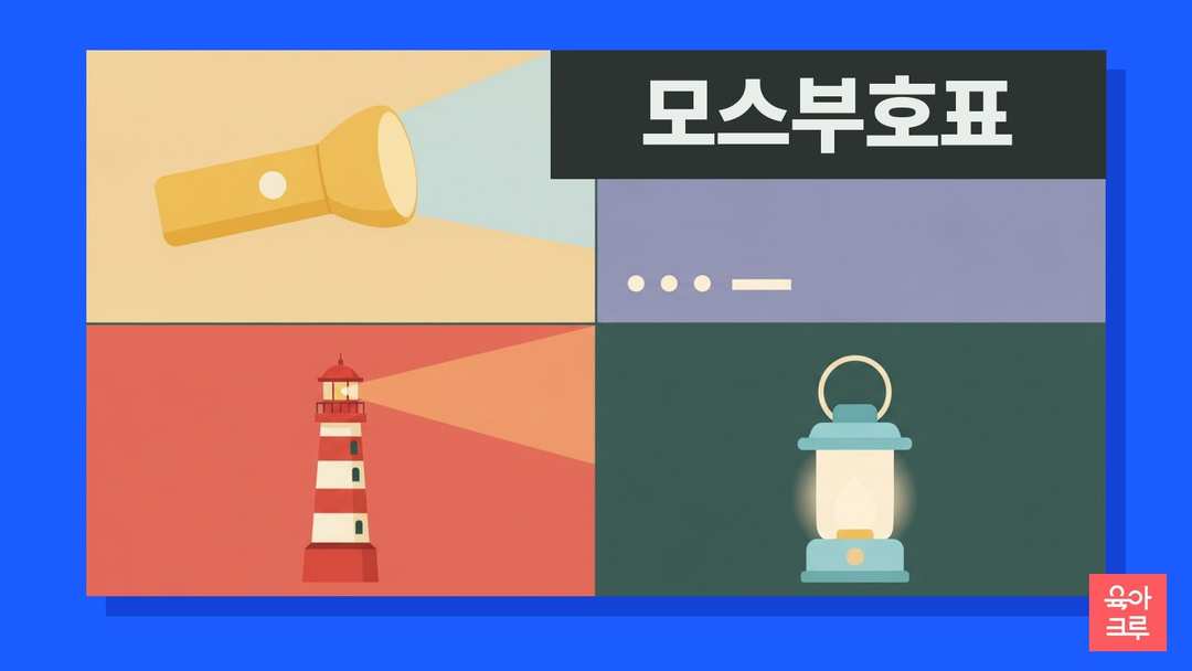 불빛을 비추는 손전등과 등대, 랜턴이 그려진 신호 놀이 일러스트
