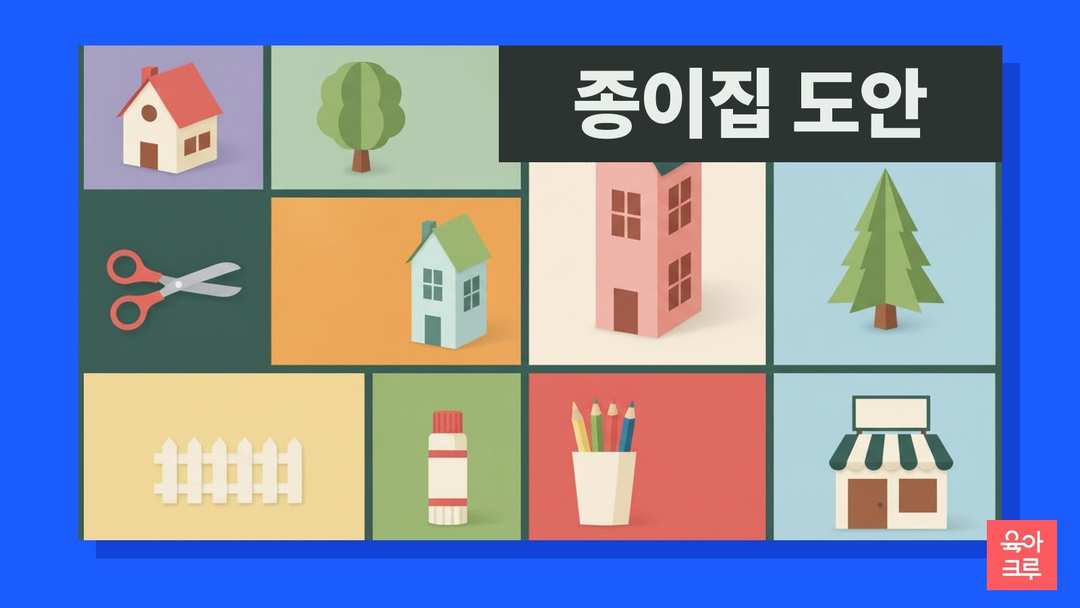 빨간 지붕 종이집과 파란 지붕 작은 집, 초록 나무, 울타리, 어린이 가위와 풀이 놓인 일러스트