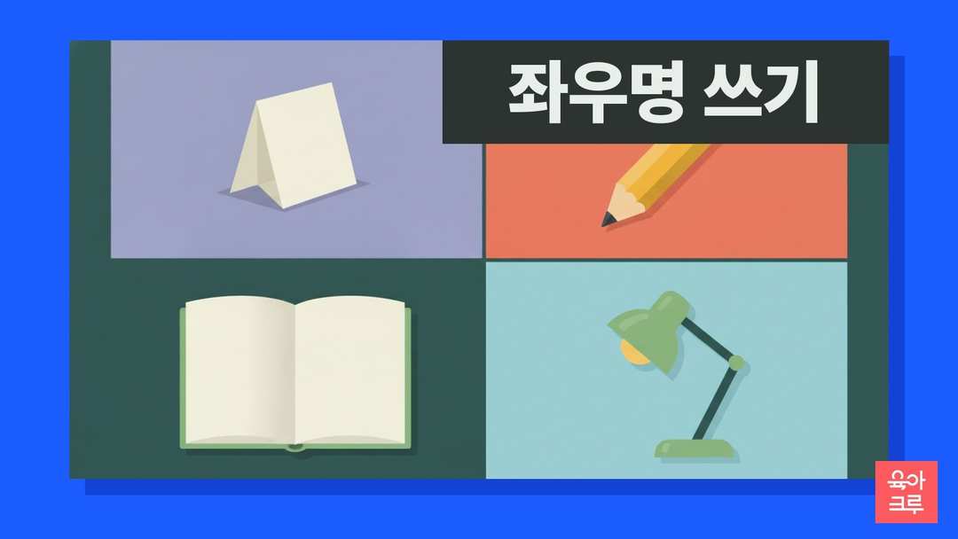 책상 위 세모 푯말과 연필, 공책, 스탠드, 색연필, 지우개, 화분이 놓인 일러스트
