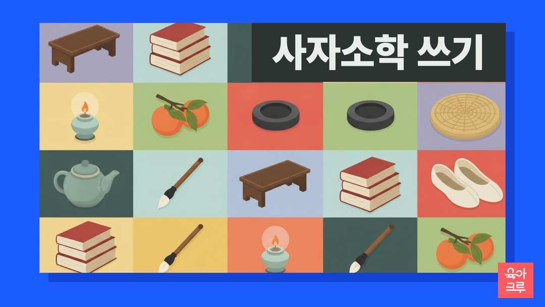 옛 책과 붓, 등잔이 놓인 서당 책상 일러스트