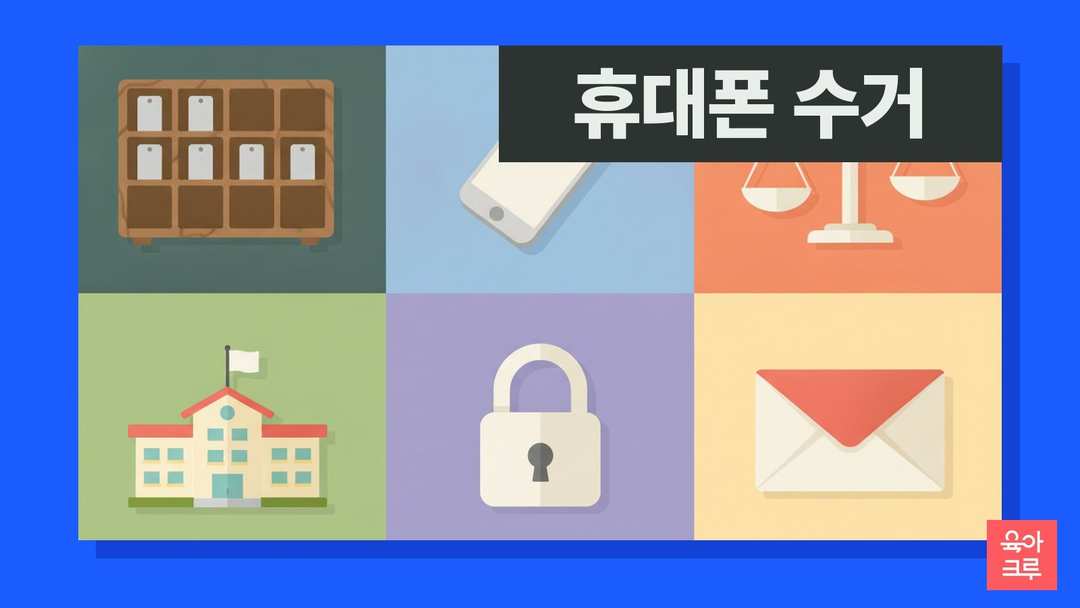 휴대폰 보관함, 스마트폰, 저울, 학교 건물, 자물쇠, 편지 봉투가 격자로 배치된 그림