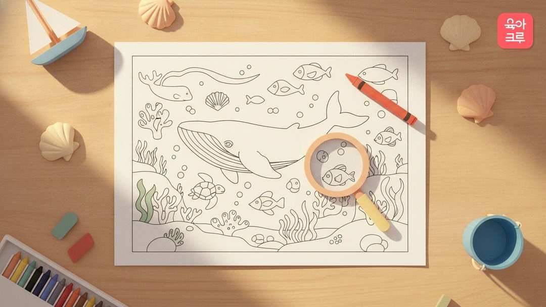 고래와 물고기가 그려진 선 그림 위에 돋보기가 놓이고 조개껍데기가 곁에 있는 바다 숨은그림찾기 도안
