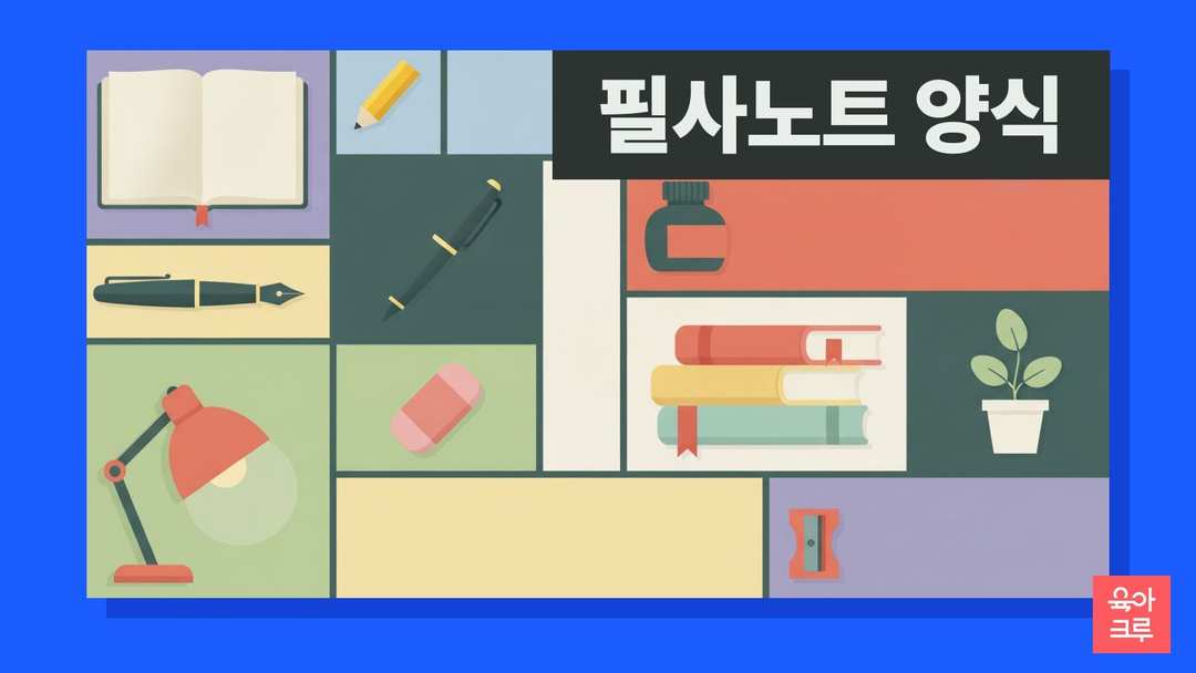 빈 공책과 연필, 만년필, 잉크병, 책갈피, 지우개, 작은 화분이 놓인 책상 일러스트