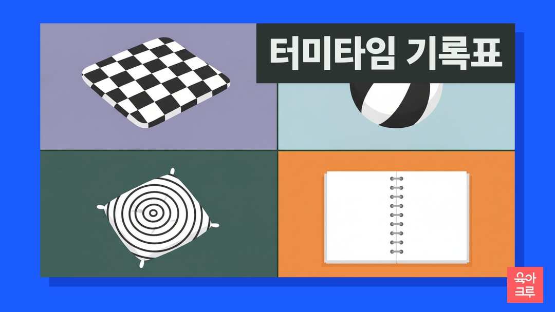 흑백 체크무늬 놀이 매트, 흑백 줄무늬 공, 동심원 무늬 쿠션, 빈 스프링 공책이 칸마다 놓인 일러스트