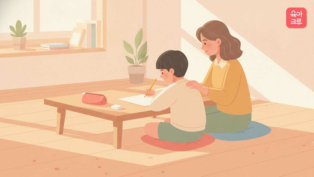 거실 낮은 탁자에서 아이가 연필로 학습지를 풀고 보호자가 옆에 앉아 지켜보는 초등 저학년 단원평가 그림