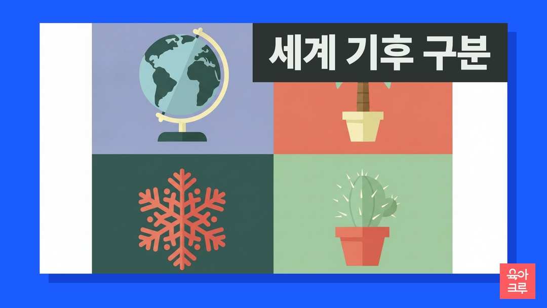 세계 기후 일러스트, 지구본과 야자수 화분, 눈 결정 장식과 우산