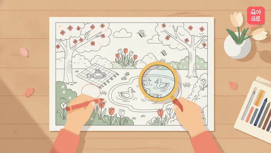 봄 숨은그림찾기 도안 pdf 무료, 봄 소풍 공원 꽃밭 숨은그림 쉬운 도안부터 아주 어려운 도안까지 7장 정답 포함