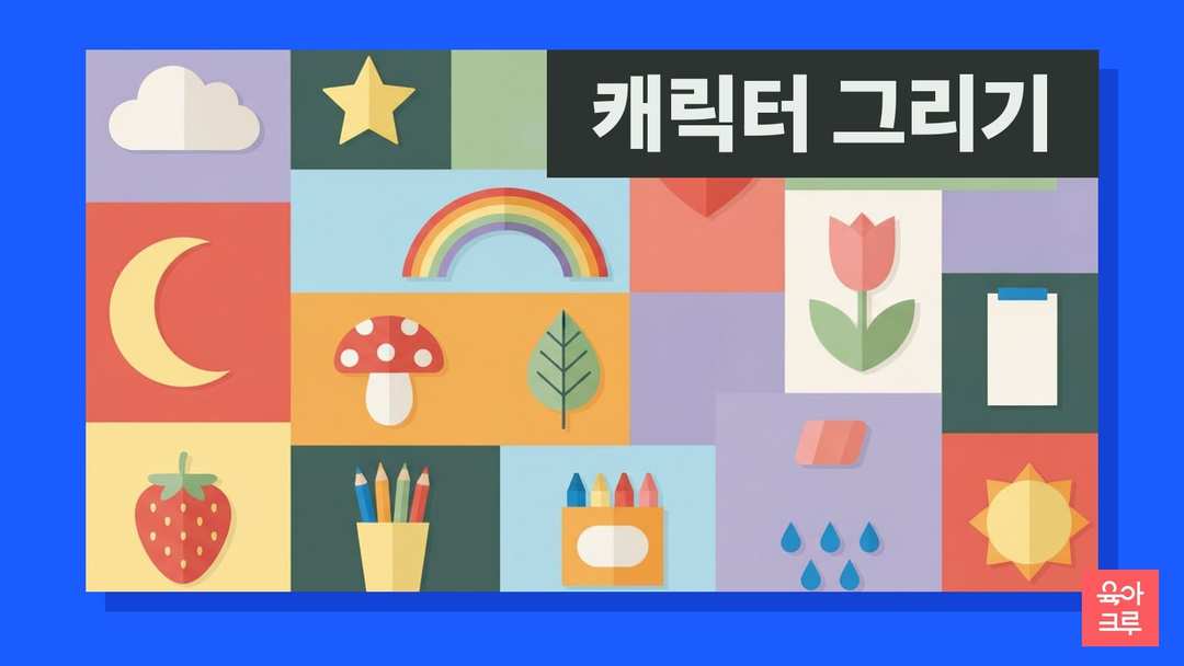 구름과 별 모양 쿠션, 색연필, 빈 스케치북, 지우개가 놓인 일러스트