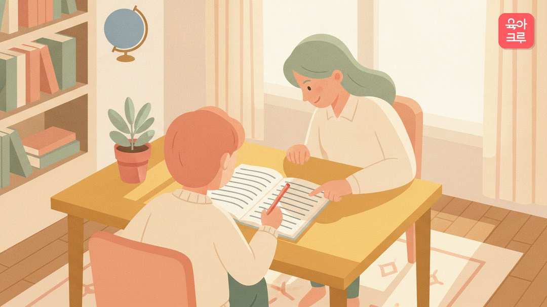 창가 책상에서 아이가 연필로 공책에 쓰고 옆에 앉은 보호자가 공책을 짚어 주는 그림