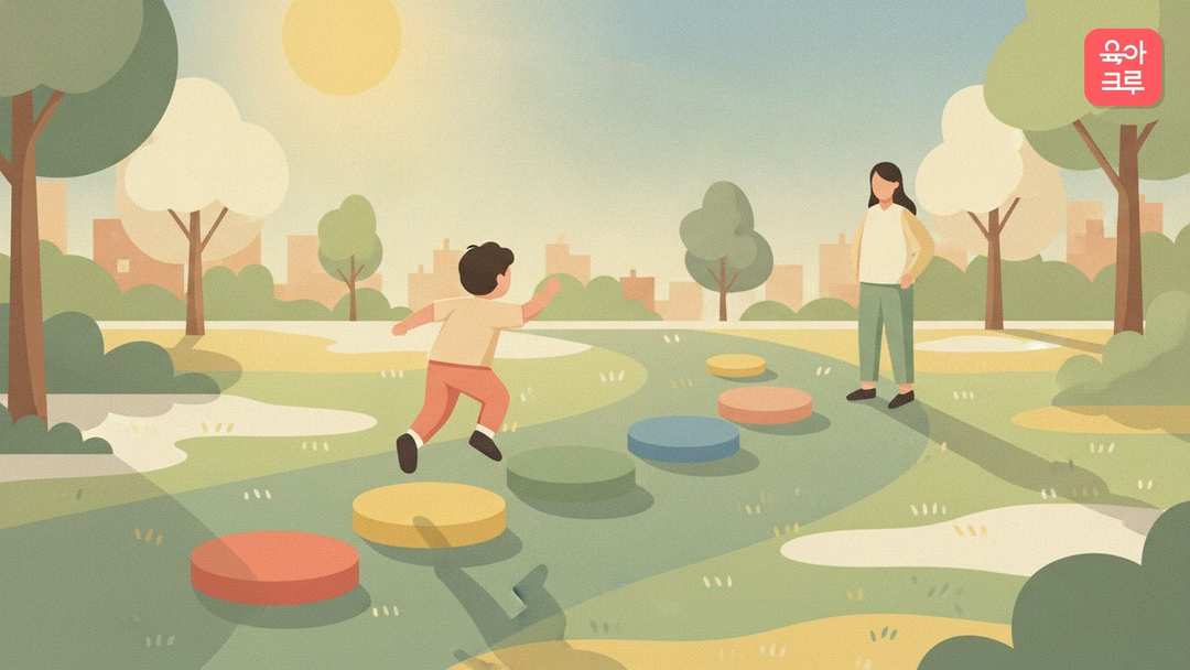 바닥에 숫자 없는 색 징검다리 돌을 순서대로 건너는 아이 그림