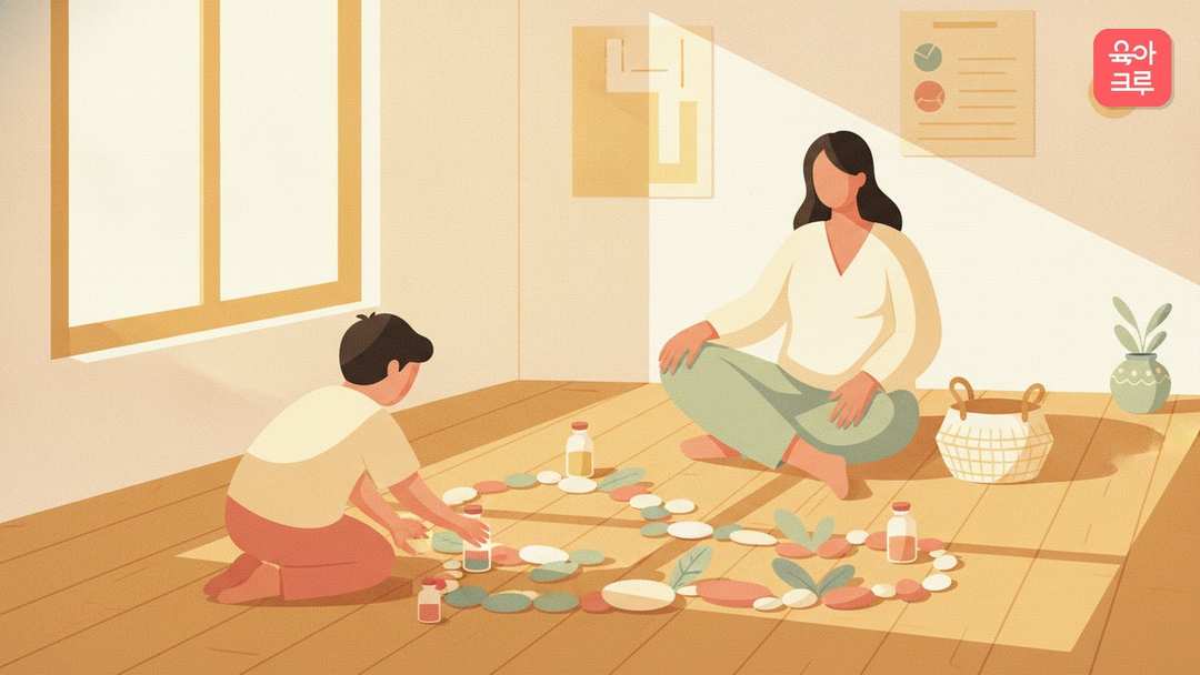 유아가 볕이 드는 마룻바닥에 조약돌과 나뭇잎을 규칙대로 늘어놓고 부모가 옆에서 지켜보는 모습